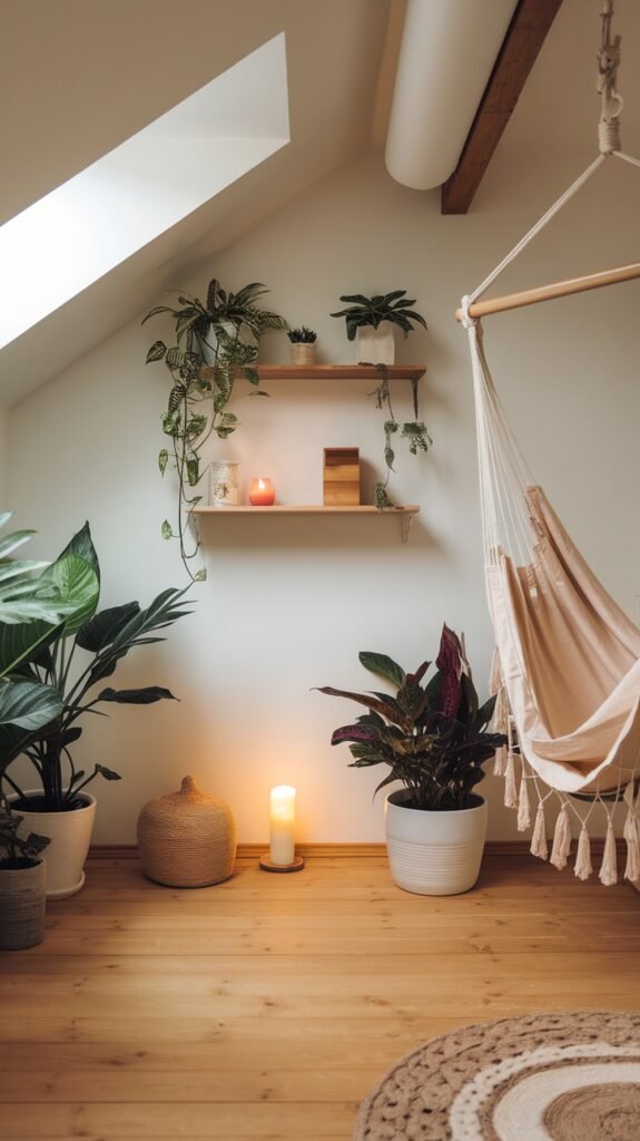 A cozy loft bedroom with indoor plants, a hammock, and soft lighting.