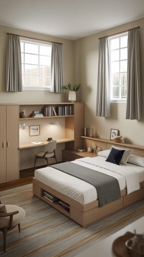 A stylish loft bedroom featuring multi-functional furniture, including a bed with storage and a desk.