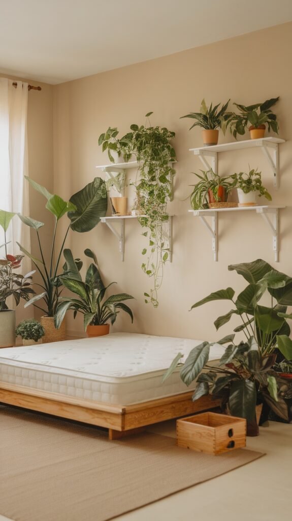 Earthy bedroom decor with indoor plants on shelves and around the bed.