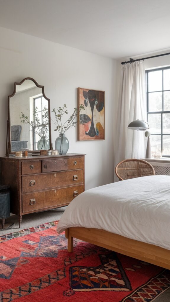 A modern farmhouse bedroom featuring a vintage dresser, modern lamp, and colorful artwork.