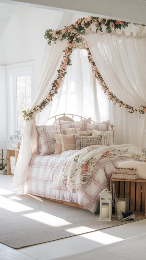 A beautifully styled modern farmhouse bedroom with floral bedding and a canopy.