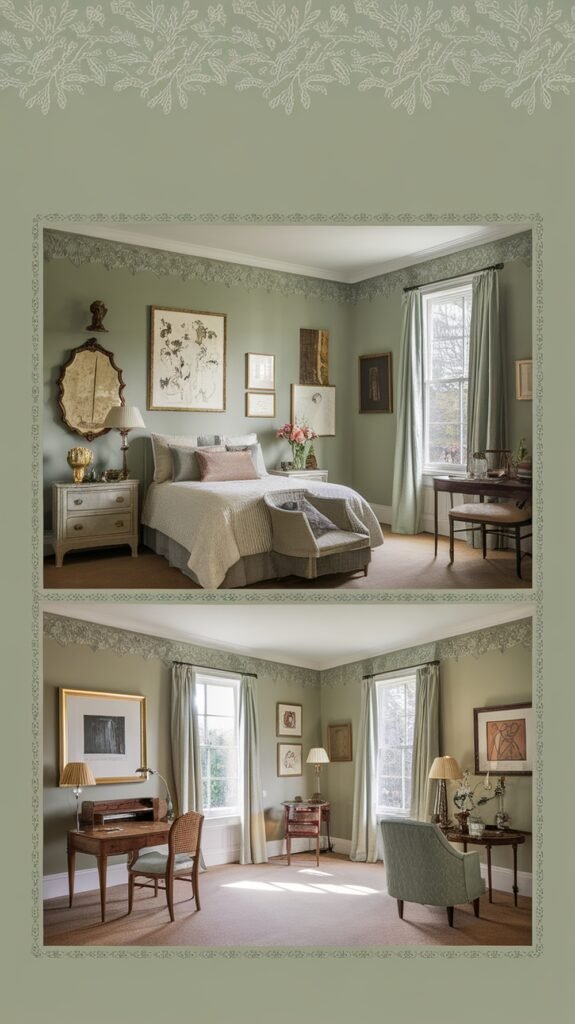 A beautifully decorated sage green bedroom featuring wallpaper borders.