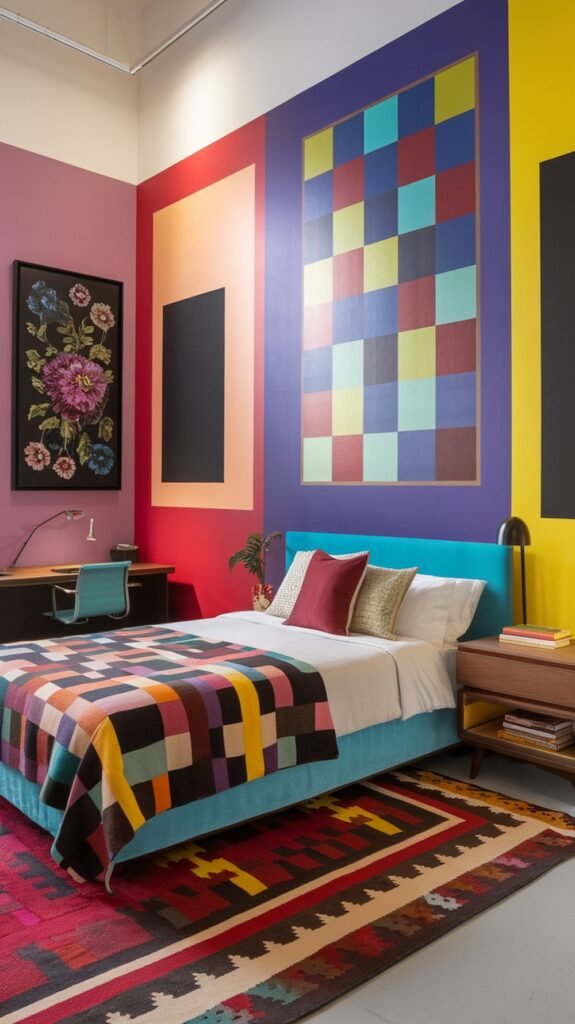 A colorful loft bedroom featuring bold wall art and a vibrant quilt.