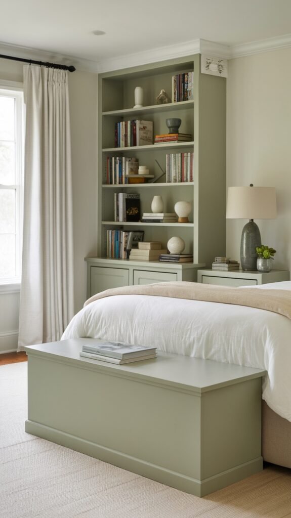 A sage green bedroom featuring a storage bench and open shelving for organization.