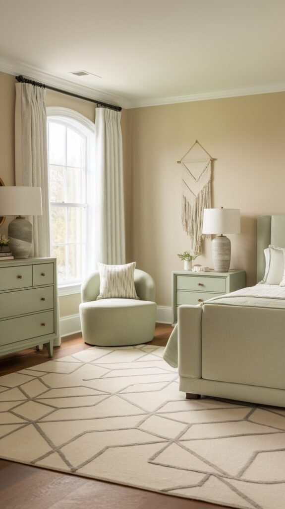 A sage green bedroom featuring soft neutral tones with a cozy chair and decorative elements.