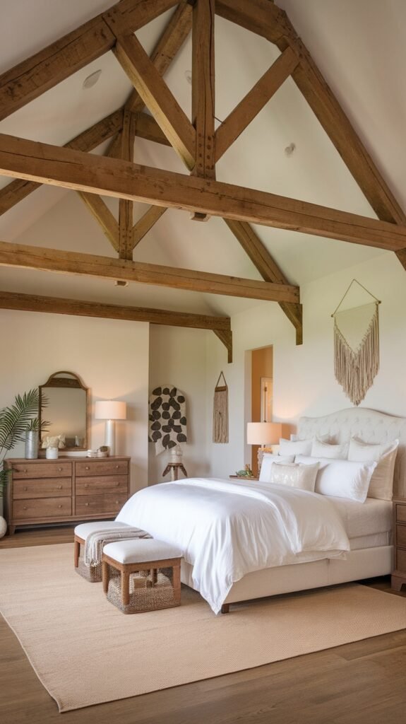A cozy bedroom featuring natural wood beams and earthy decor.