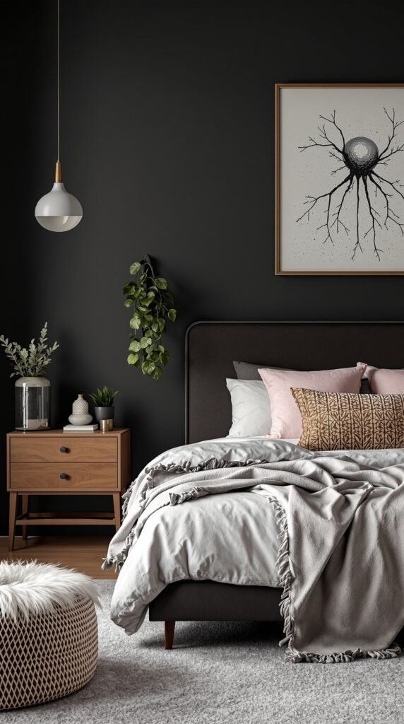 A modern dark academia bedroom featuring a sleek bed, vintage decor, and a cozy atmosphere.