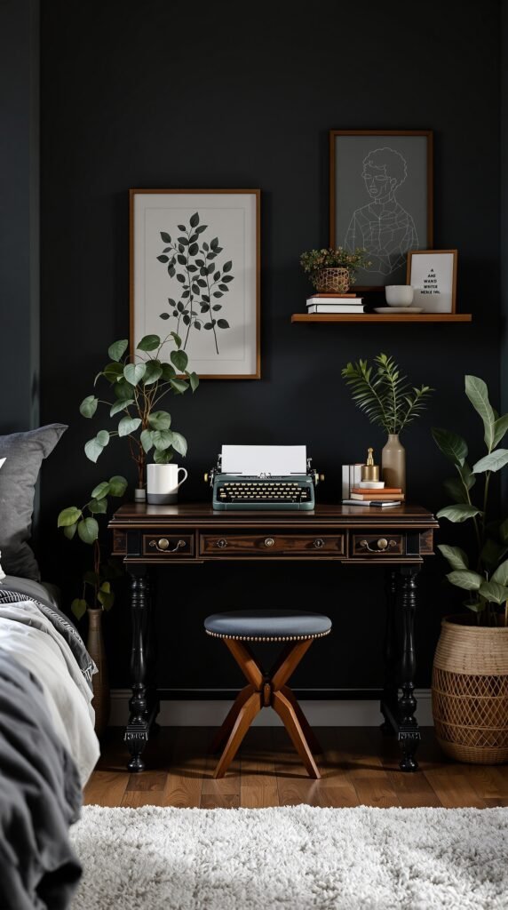 A dark academia bedroom featuring a vintage typewriter, plants, and framed art in a cozy writing corner.