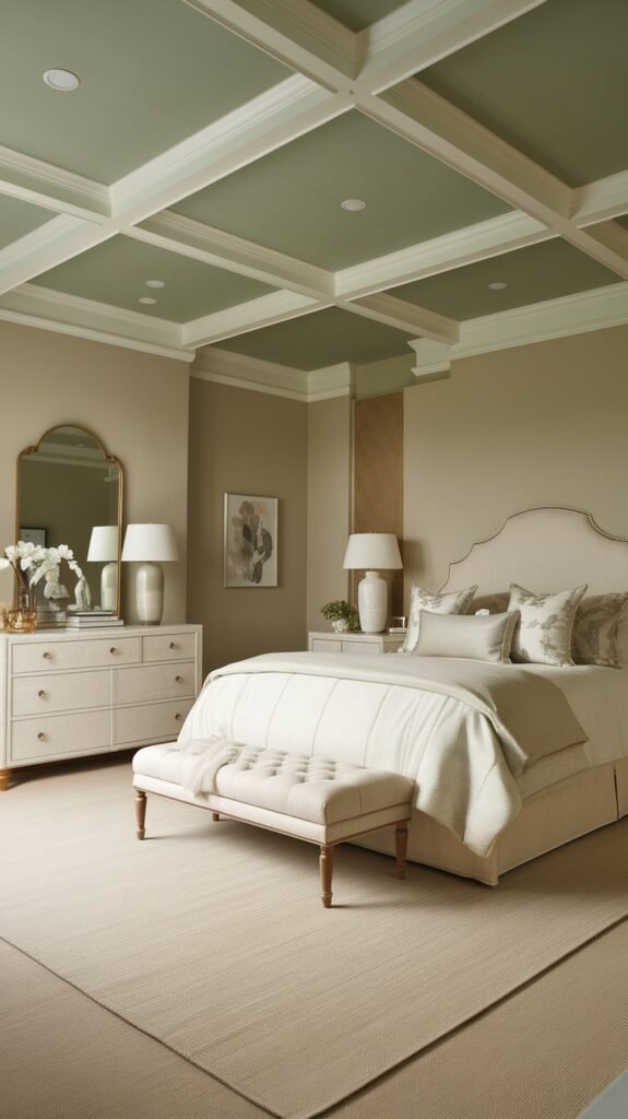 A stylish bedroom featuring a sage green ceiling with neutral walls and elegant decor.