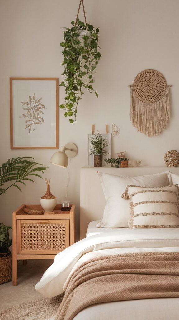 A cozy earthy bedroom with plants, soft bedding, and natural decor.