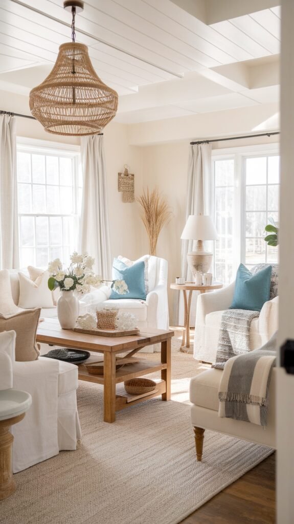 A cozy modern farmhouse living room with textured wall treatments and natural decor.