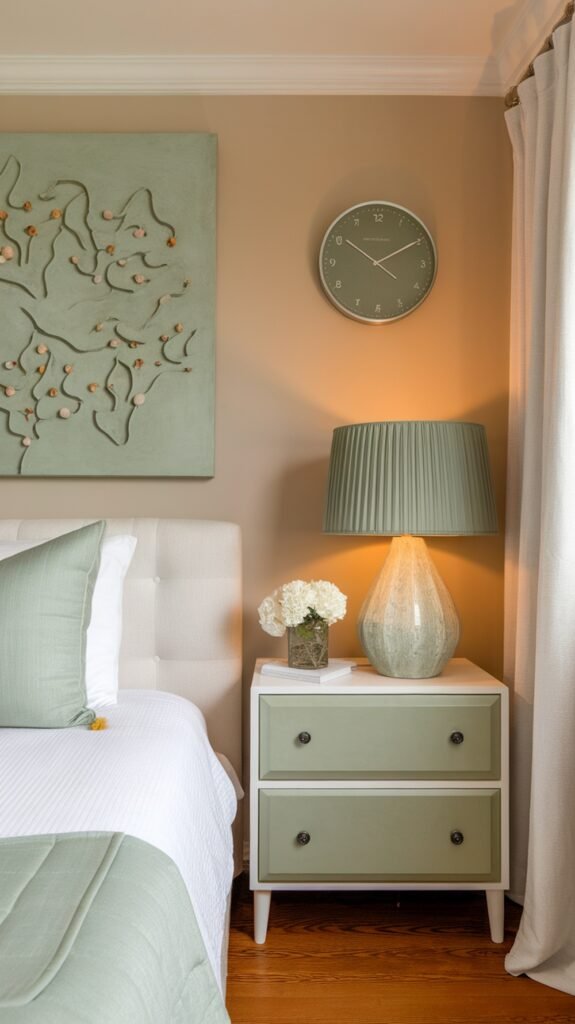 A cozy sage green bedroom featuring wall art, a stylish lamp, and soft bedding.
