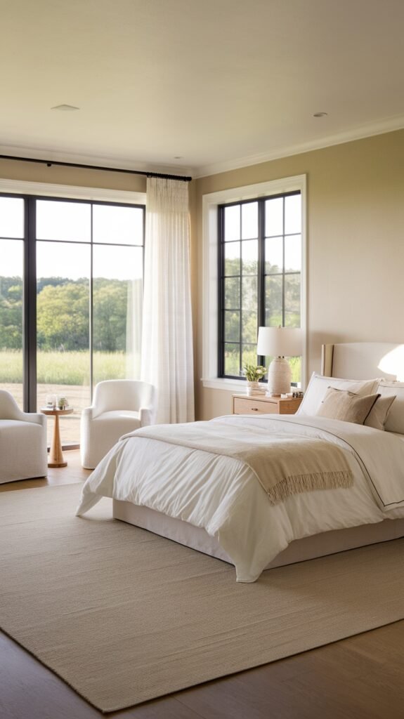 A modern farmhouse bedroom with large windows showcasing outdoor views of greenery.