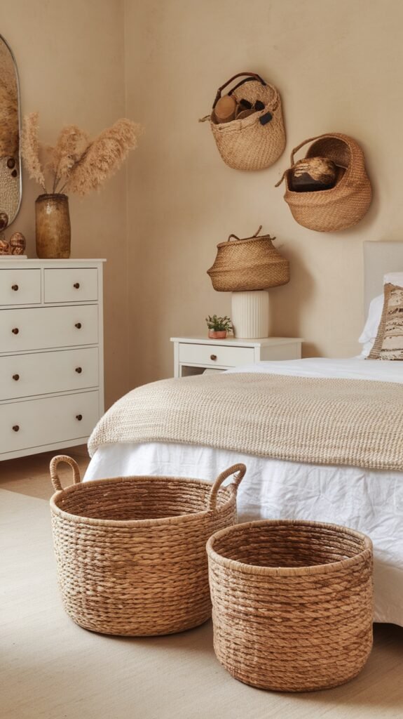 A cozy bedroom featuring woven baskets for storage, enhancing the earthy aesthetic.