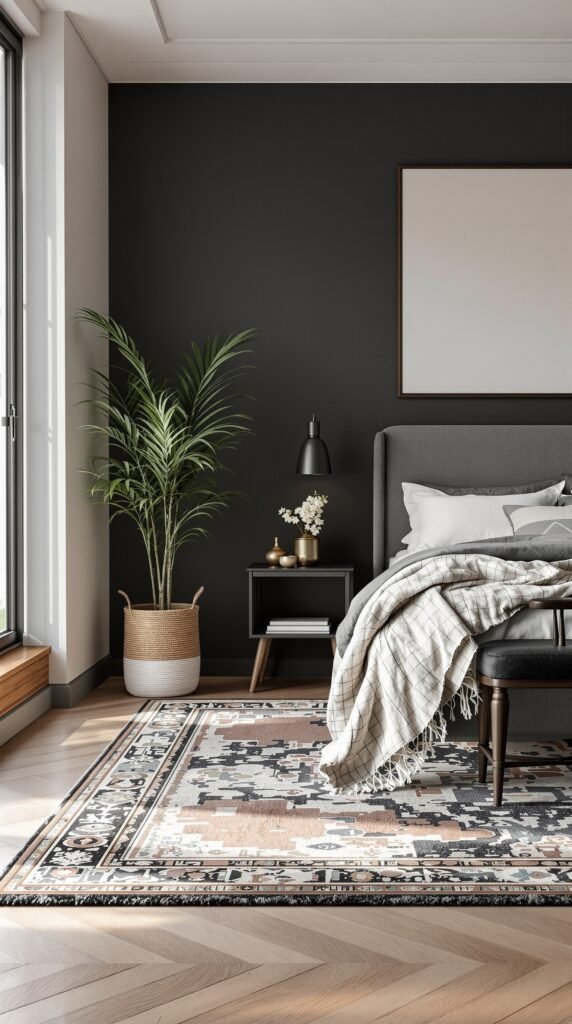 A cozy Dark academia bedroom featuring a plush rug, dark walls, and stylish decor.