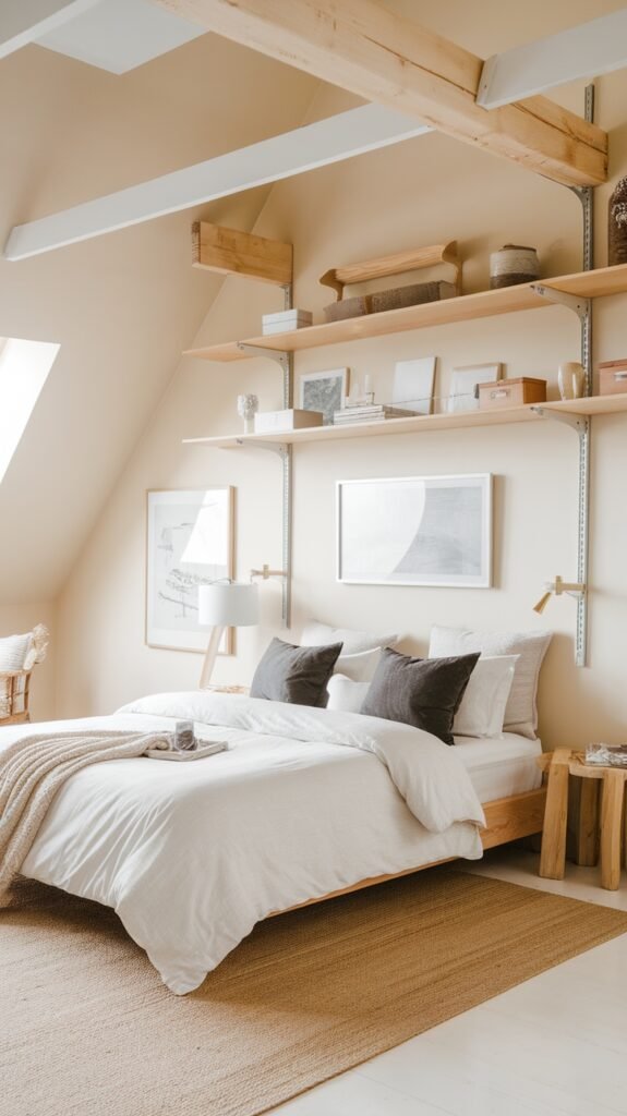 A cozy Scandinavian-style loft bedroom with wooden shelves, a light color palette, and soft textiles.
