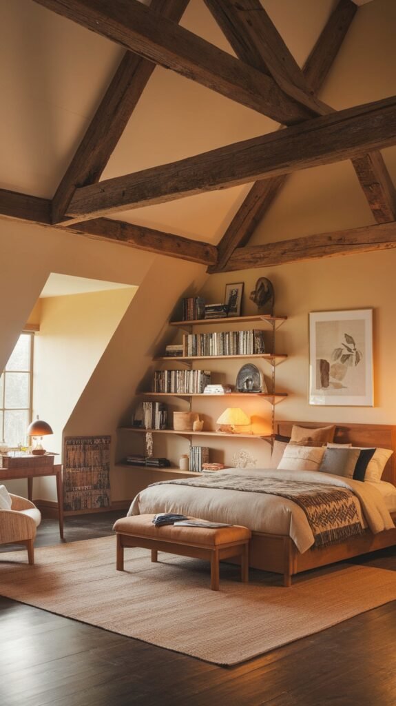 A cozy loft bedroom featuring wooden beams, a comfortable bed, and warm decor.