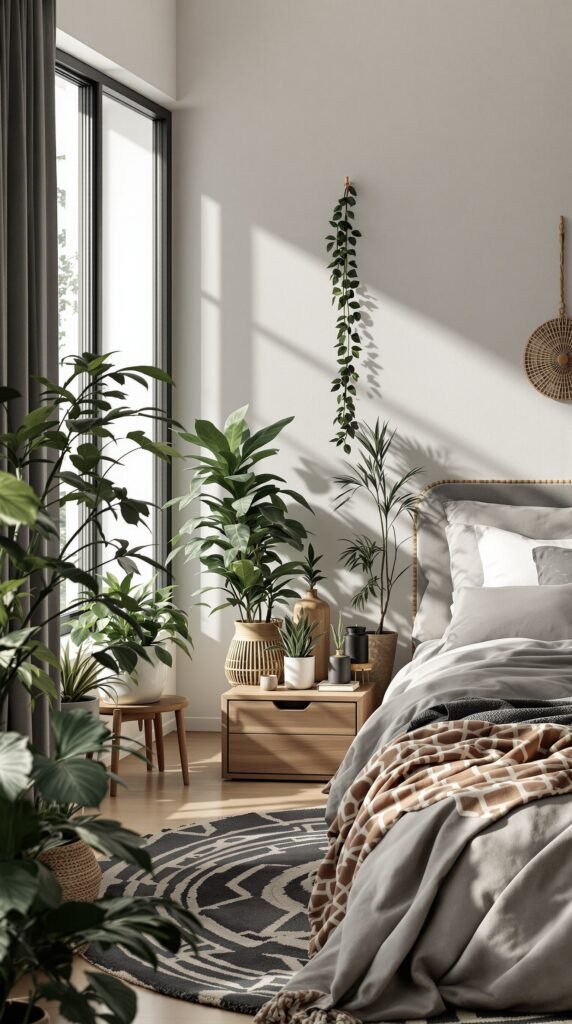 A cozy Dark academia bedroom with various plants, a bed with gray bedding, and natural light coming through the window.