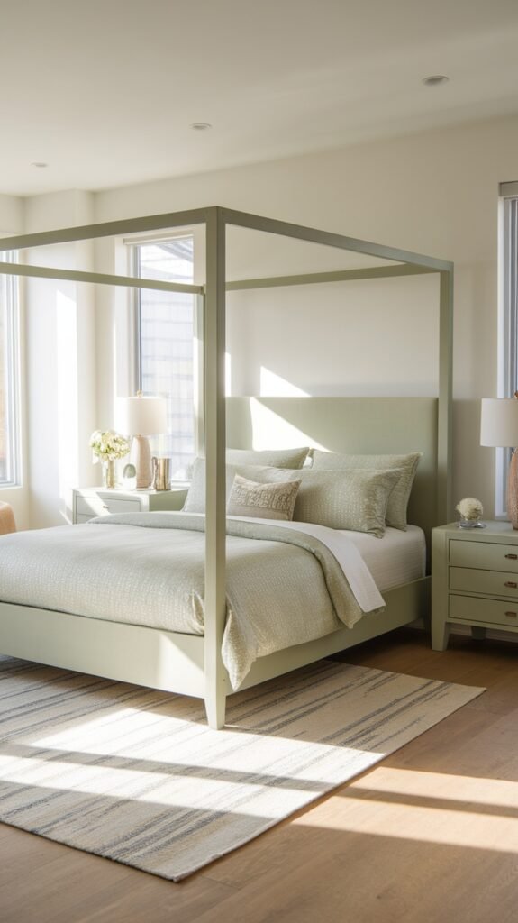 A modern sage green bedroom featuring a four-poster bed, soft bedding, and matching nightstands.