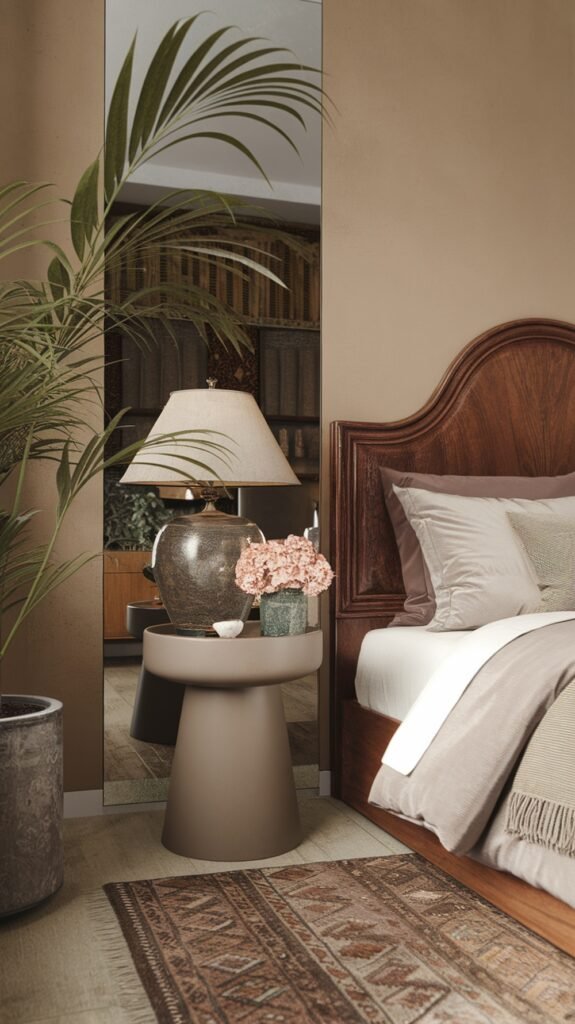 A cozy bedroom featuring a vintage wooden bed, modern nightstand, and earthy decor elements.