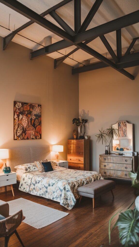 A cozy loft bedroom featuring vintage furniture and warm lighting.