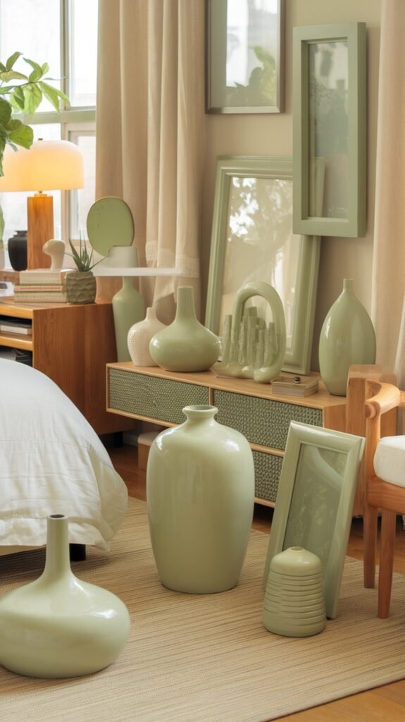 A cozy sage green bedroom featuring various decorative accessories like vases and picture frames.