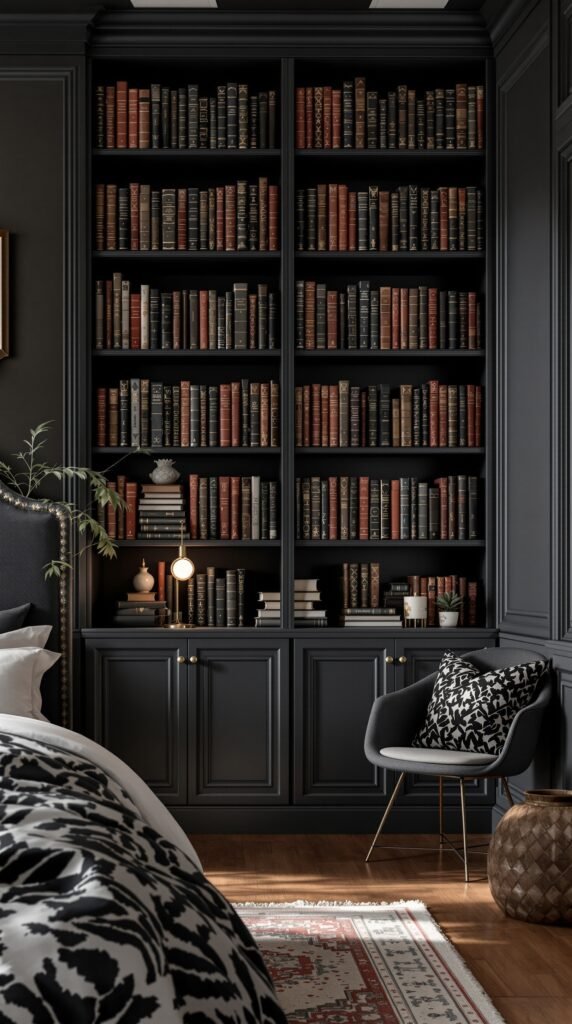 A dark academia bedroom featuring a vintage bookshelf filled with classic books.