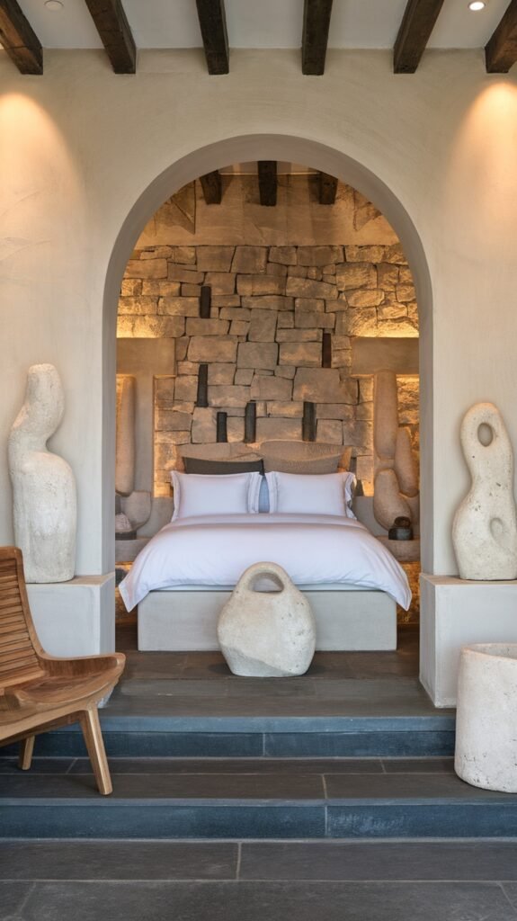 A serene earthy bedroom featuring stone elements and a cozy bed.