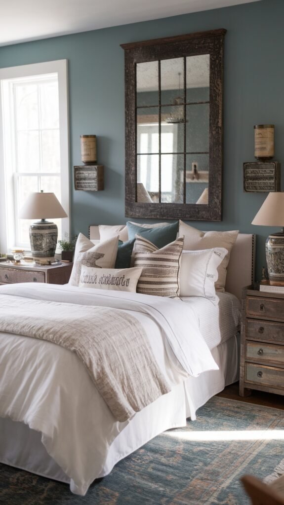 A cozy modern farmhouse bedroom featuring vintage-inspired decor, soft blue walls, a rustic mirror, and neutral bedding.