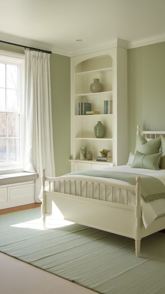A serene bedroom featuring sage green walls, white bedding, and light accents.