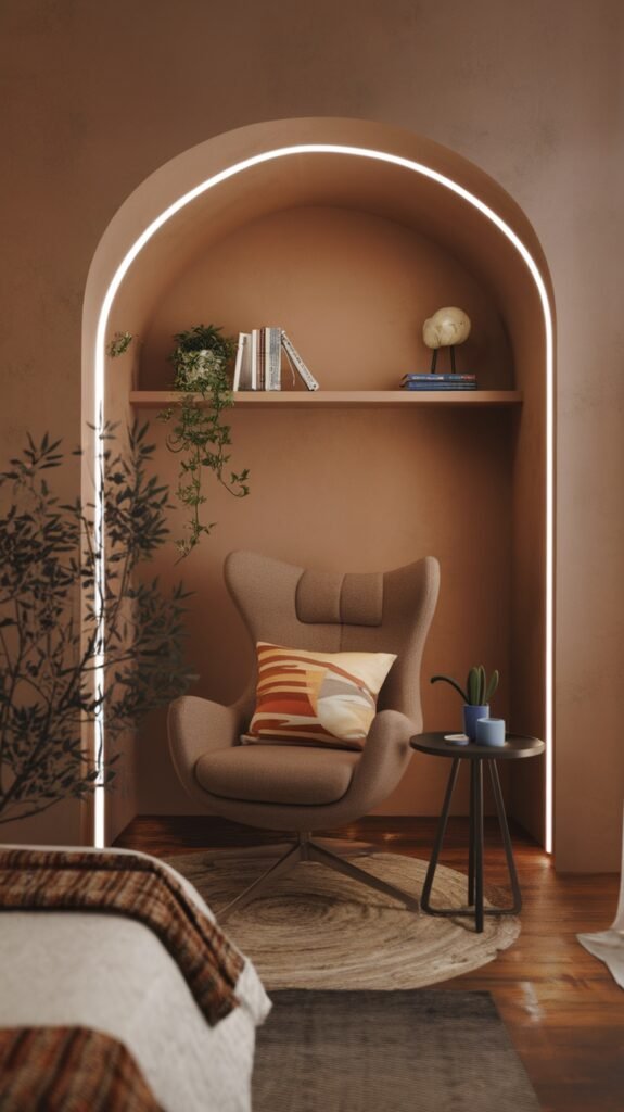 Cozy reading nook with a chair, side table, and plants in an earthy bedroom.