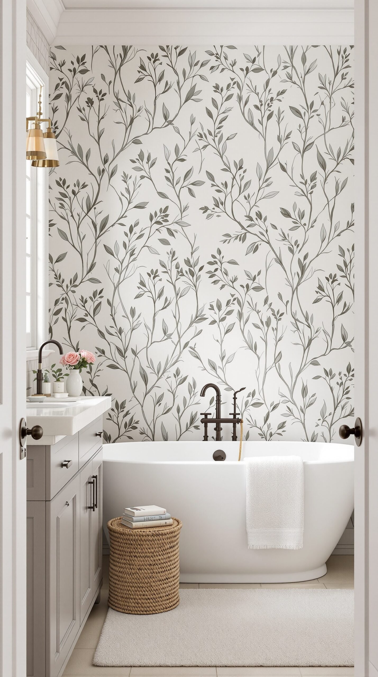 Farmhouse bathroom with floral wallpaper accent wall
