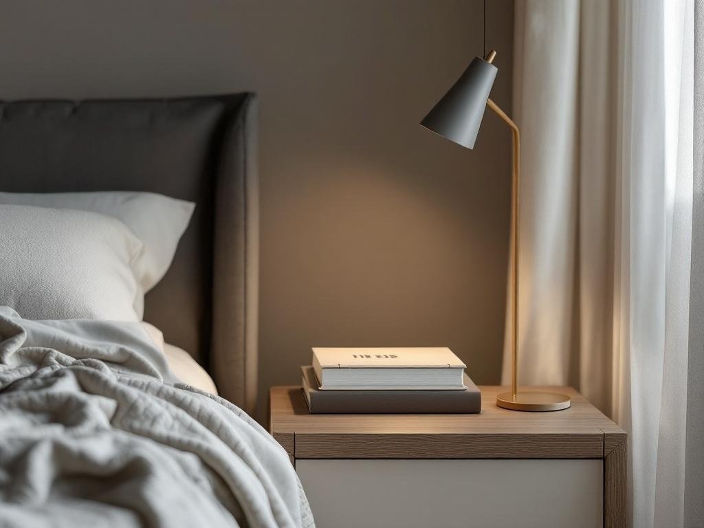 A stylish table lamp on a nightstand next to a bed with cozy bedding.