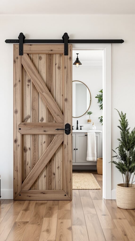 A rustic barn door leading to a stylish farmhouse bathroom.