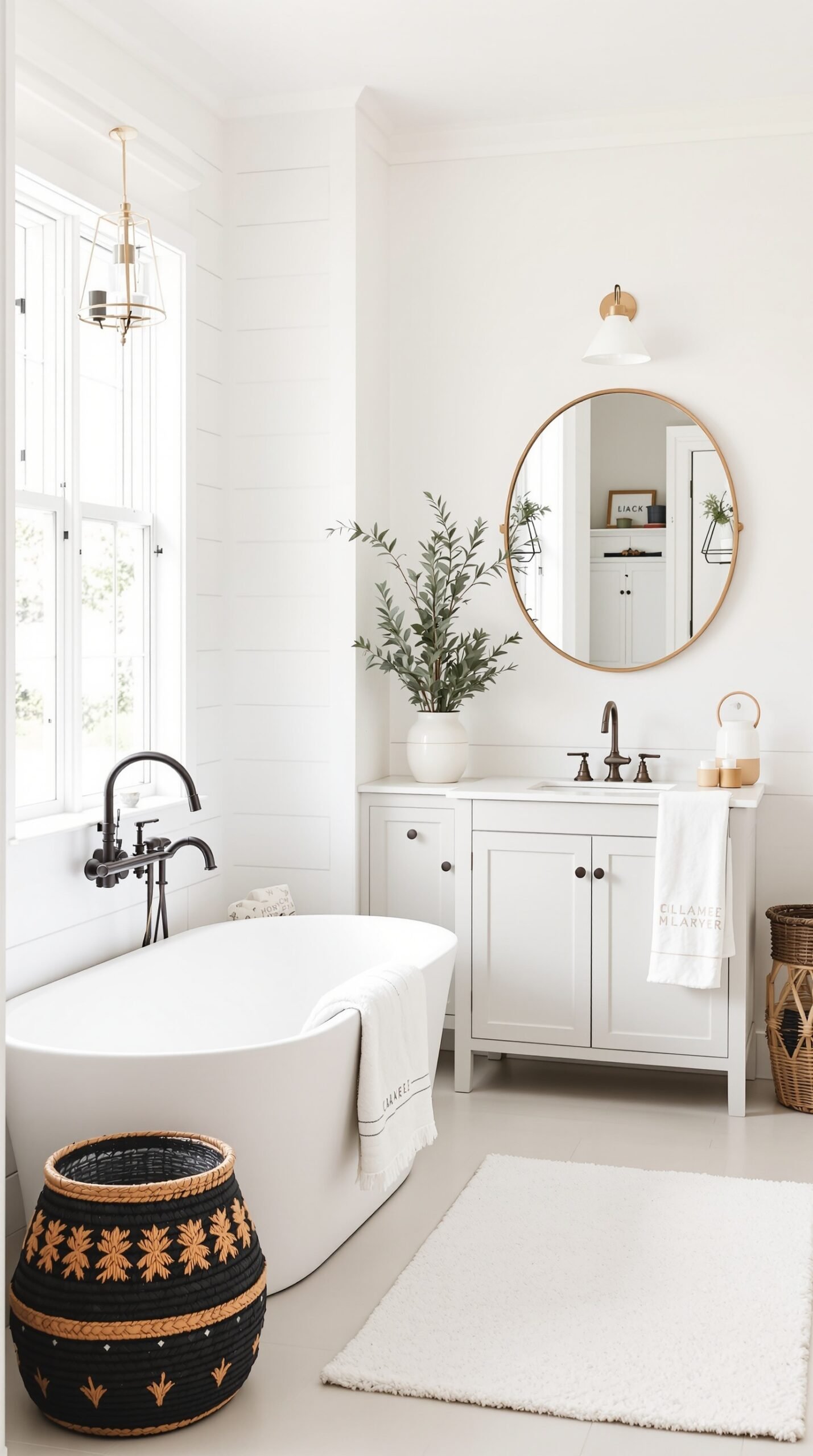 A bright farmhouse bathroom featuring a freestanding tub, neutral colors, and natural decor.