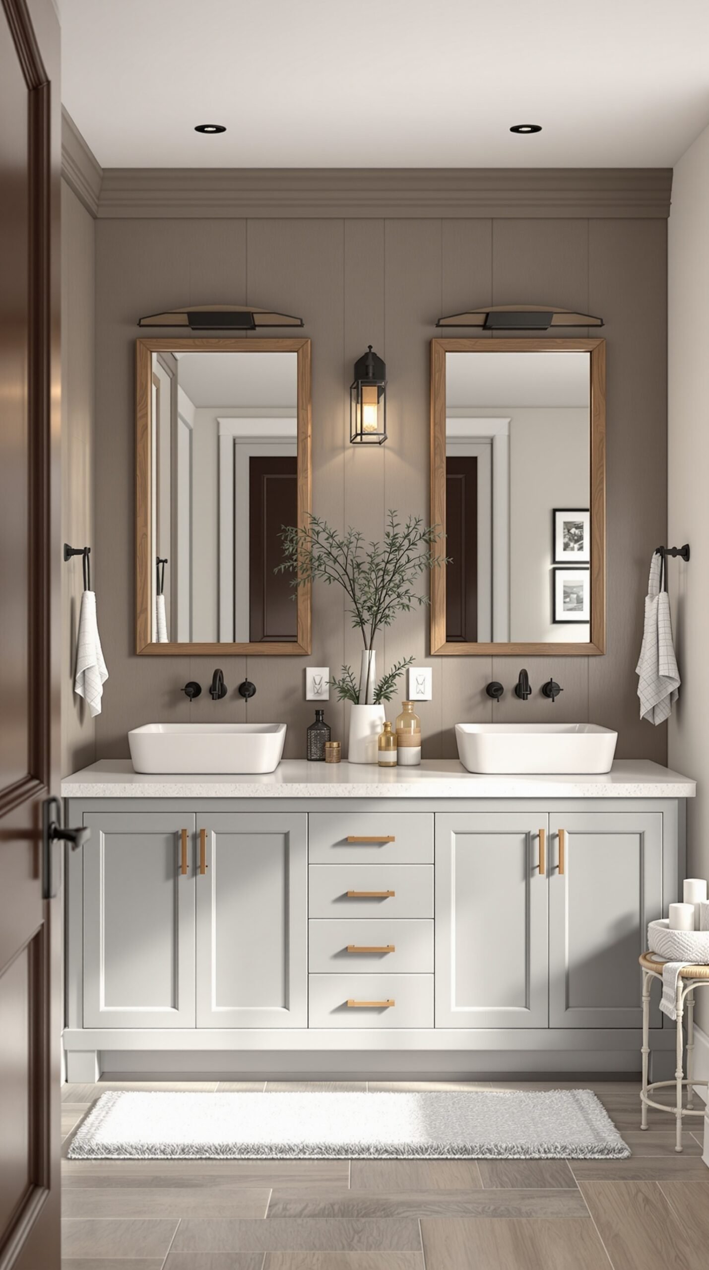 A stylish farmhouse bathroom featuring dual vanities with modern sinks and rustic decor.