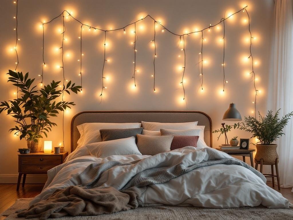 A cozy bedroom featuring string lights on the wall.