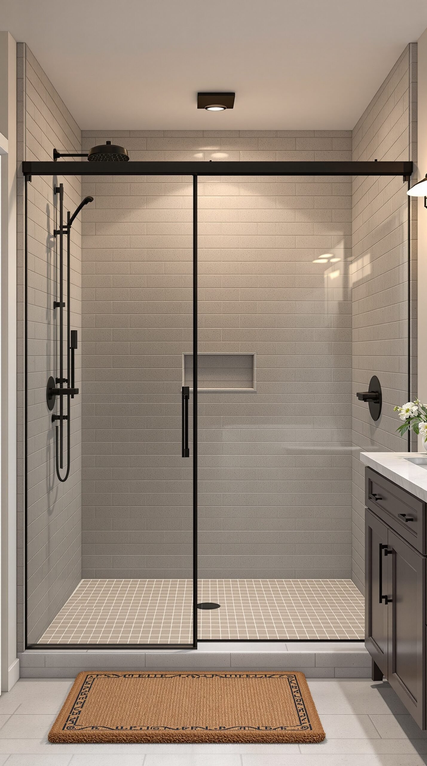 Modern farmhouse bathroom shower with glass doors and black fixtures.
