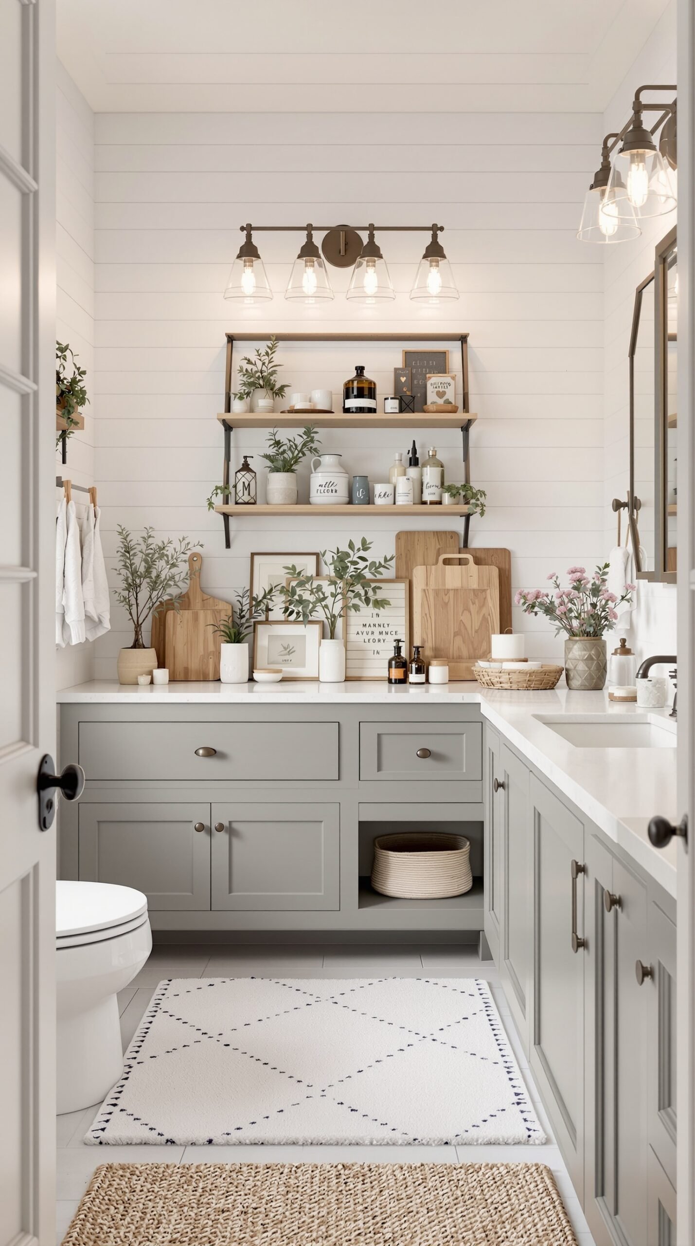 A beautifully decorated farmhouse bathroom featuring personalized decor elements.