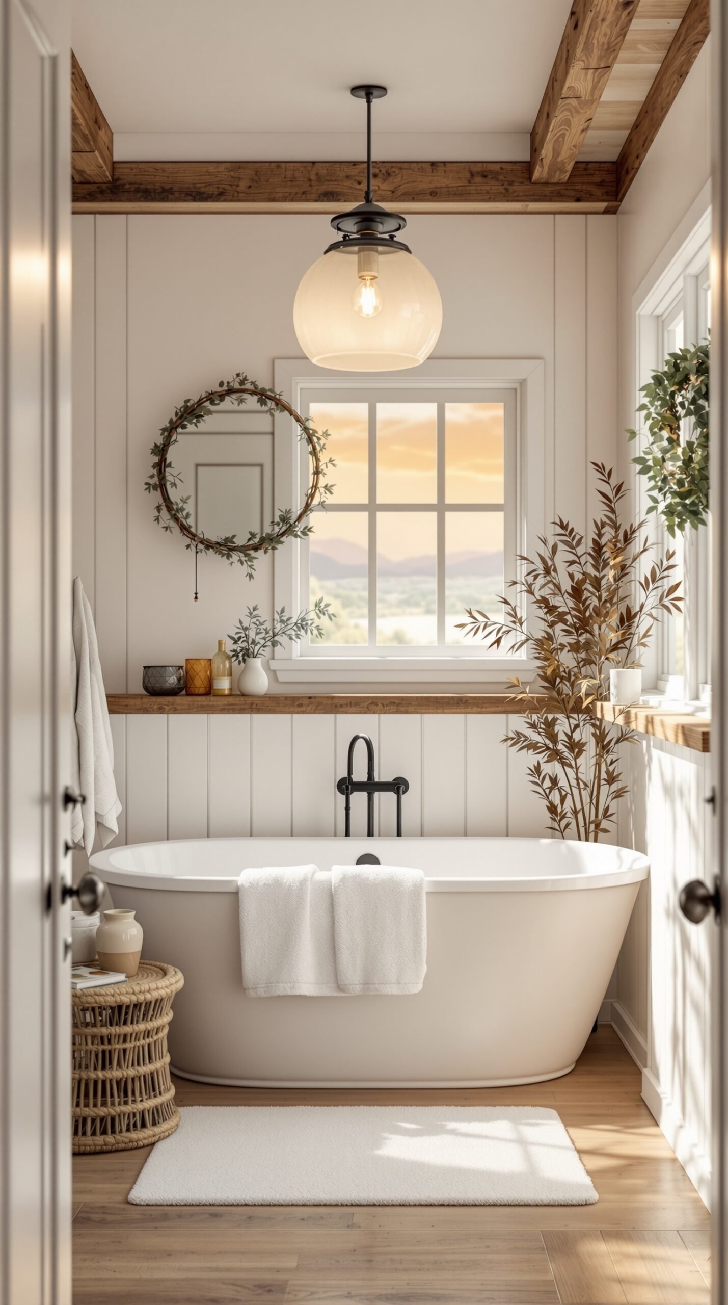 A cozy farmhouse bathroom with warm lighting and rustic decor.