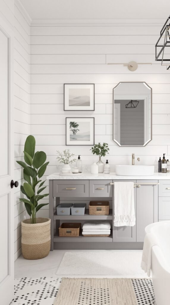 A modern farmhouse bathroom featuring shiplap walls, sleek fixtures, and stylish decor.