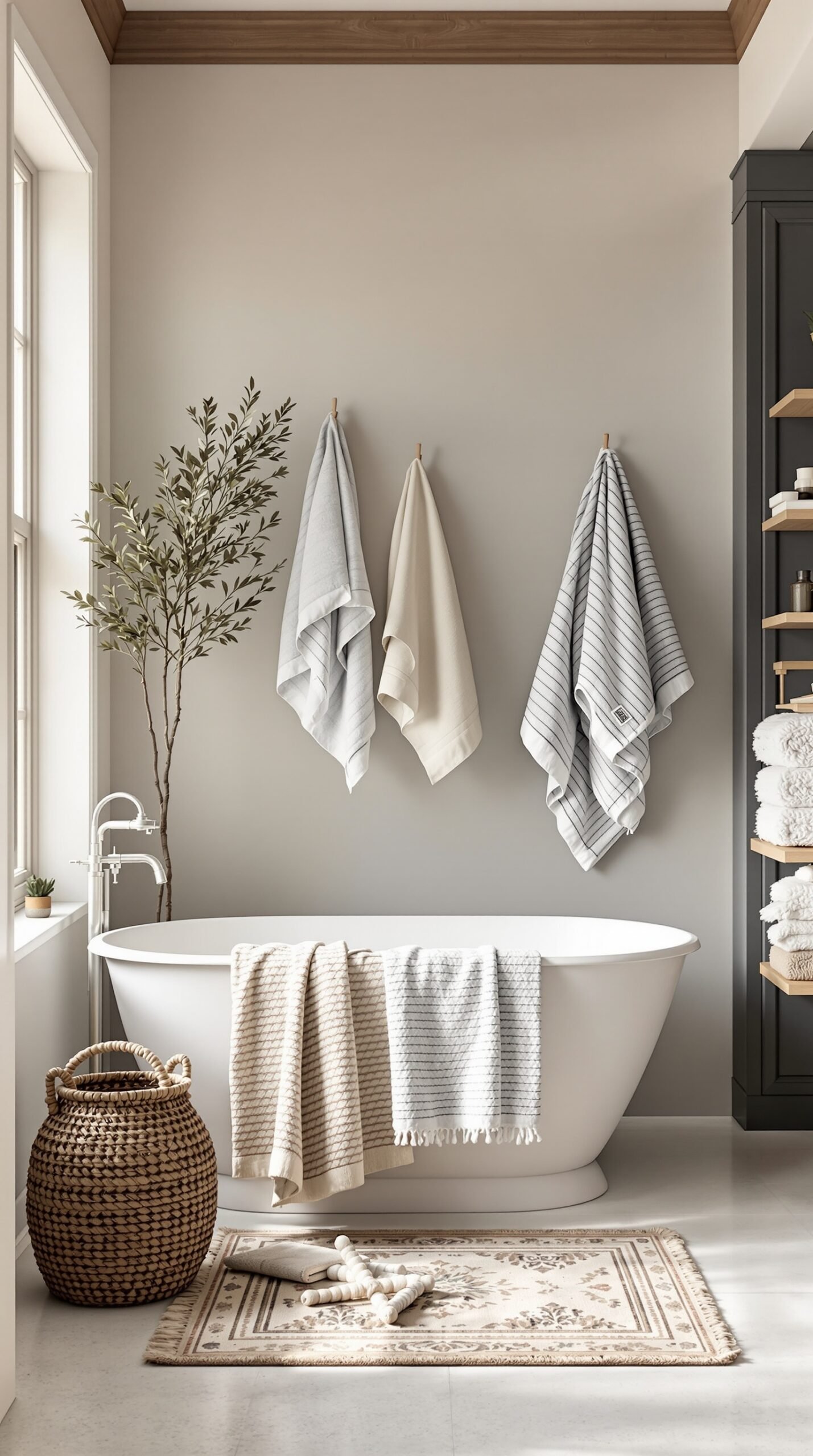 A cozy farmhouse bathroom featuring soft towels, a woven basket, and a patterned rug.