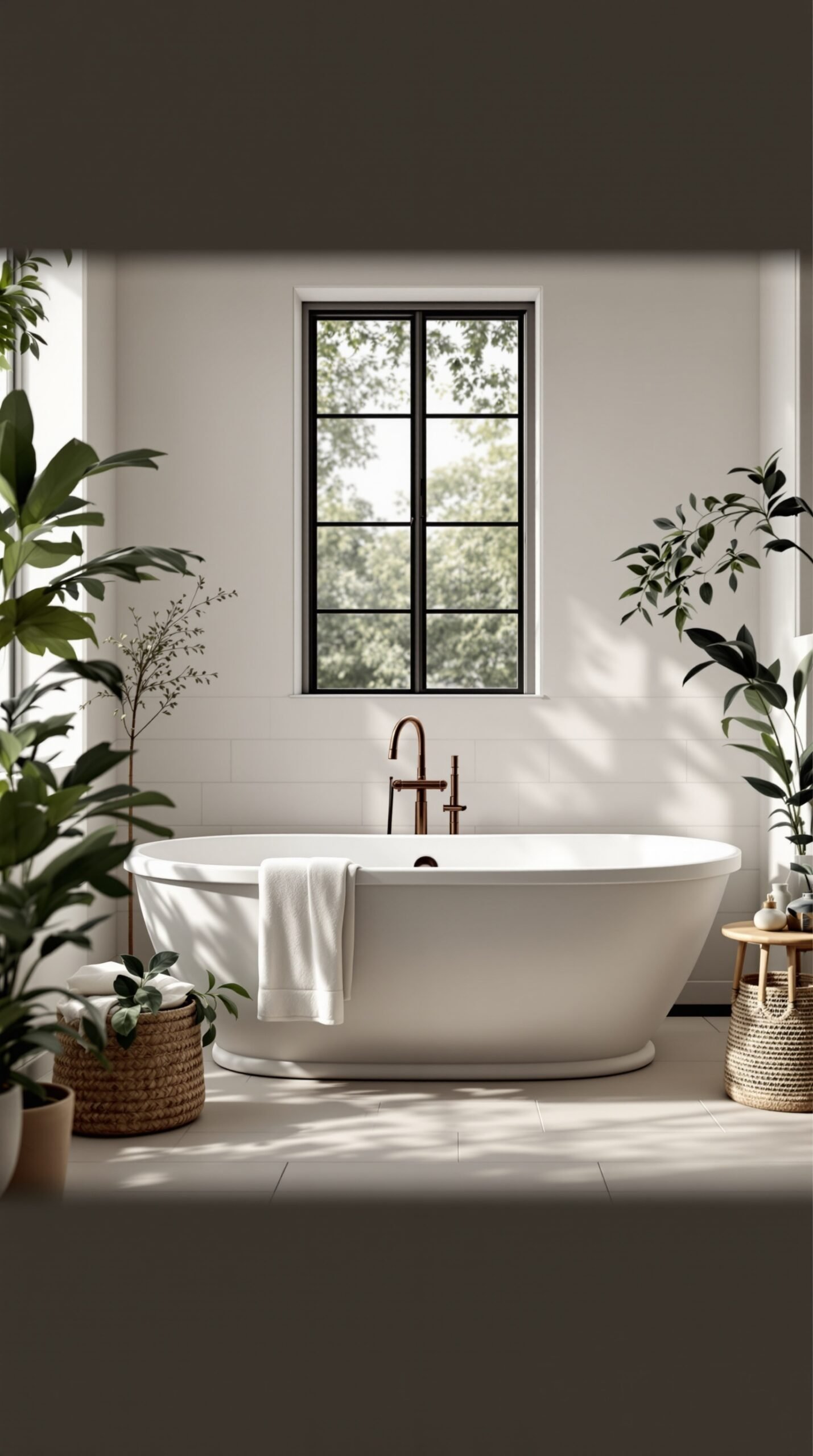 A freestanding bathtub in a bright farmhouse bathroom with plants and a window.