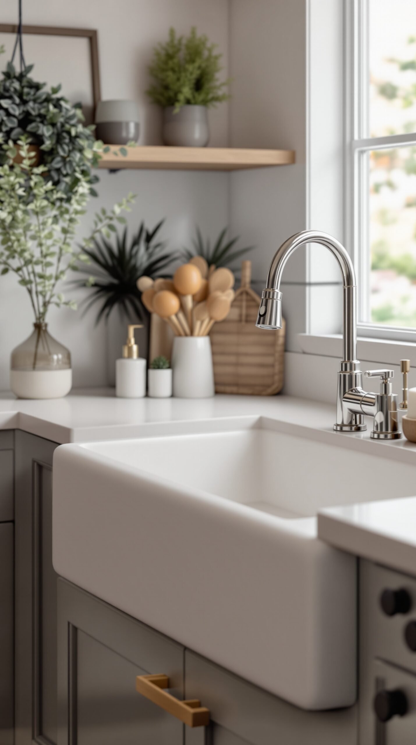 A stylish farmhouse bathroom sink with modern fixtures and decorative elements.