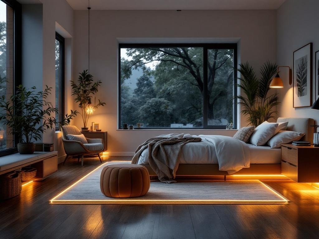 A cozy bedroom with floor lighting highlighting the rug and furniture.