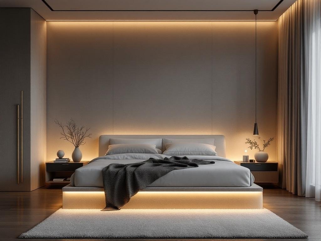 A modern bedroom with soft under-bed lighting creating a floating effect.