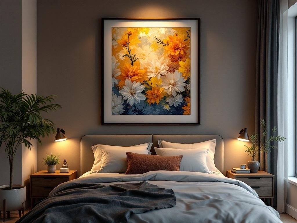 A cozy bedroom featuring artwork with integrated lighting above the bed.