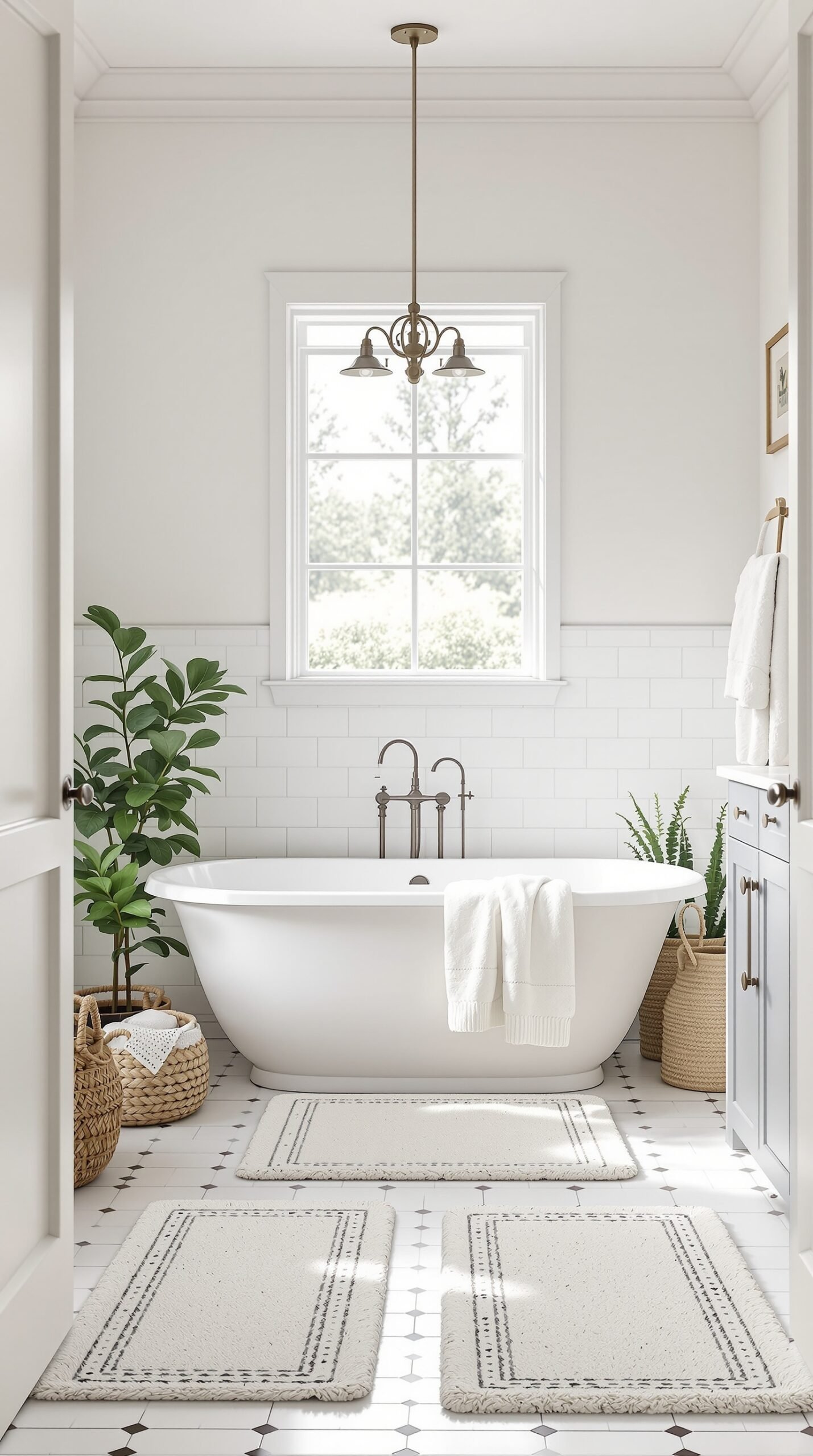 Cozy bath mats in a farmhouse bathroom with a freestanding tub and natural elements.