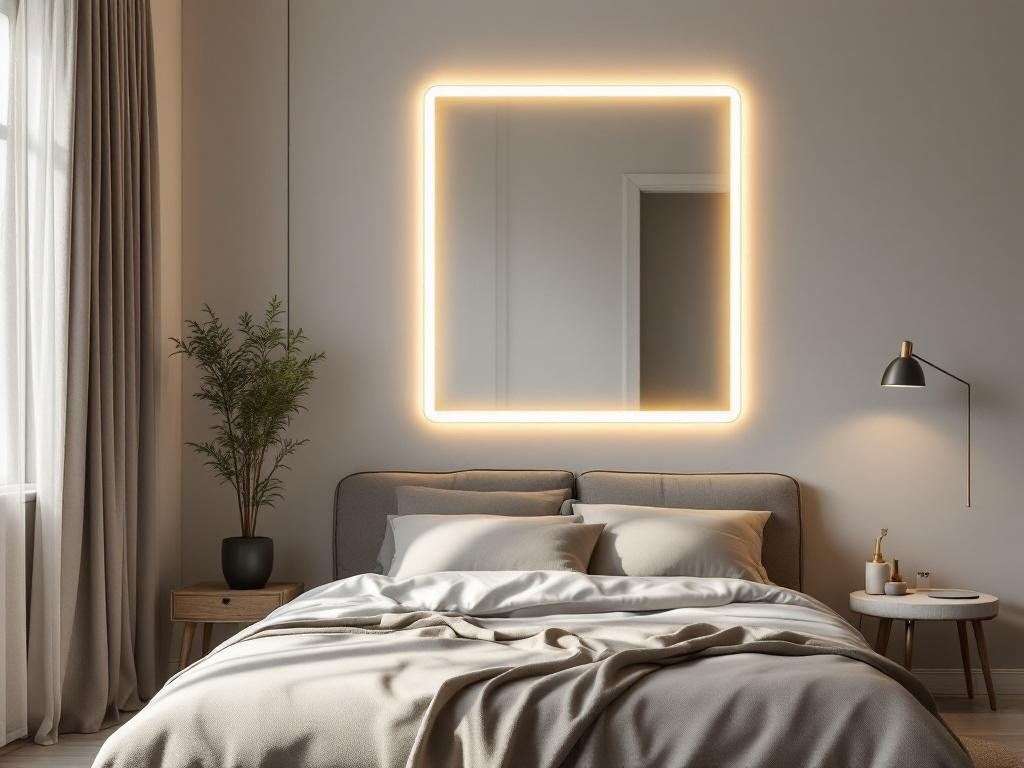 A stylish bedroom featuring a backlit mirror above the bed, with soft lighting and cozy decor.