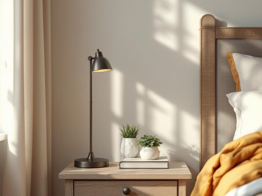 A vintage lamp on a bedside table with plants and books.